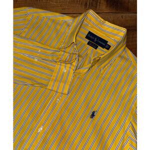 Ralph Lauren Yellow Striped Custom Fit 100% Cotton Long Sleeve Button Down Small